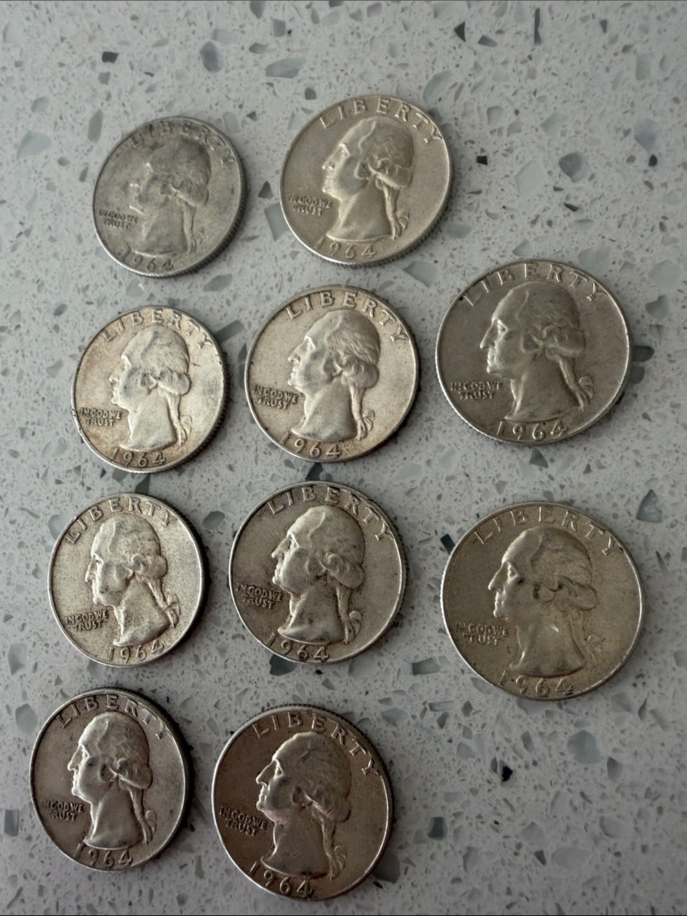 Lot of 10 1964 Washington Quarters – 90% Silver – $2.50 Face Value